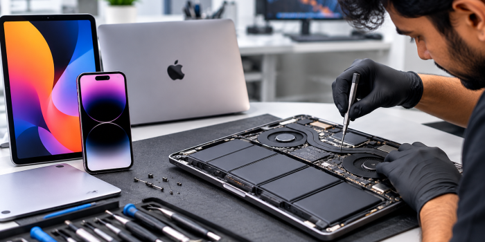 Technician providing MacBook repair and troubleshooting alongside Apple devices